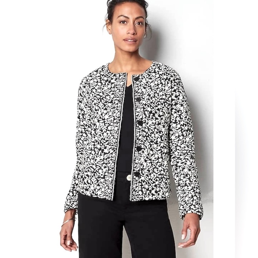 J Jill Womens Black White Quilted Cotton Floral Jacket Sz S Relaxed Fit Casual